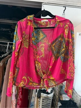 Timing Fuchsia Paisley-Print Tie-Front Sheer Blouse